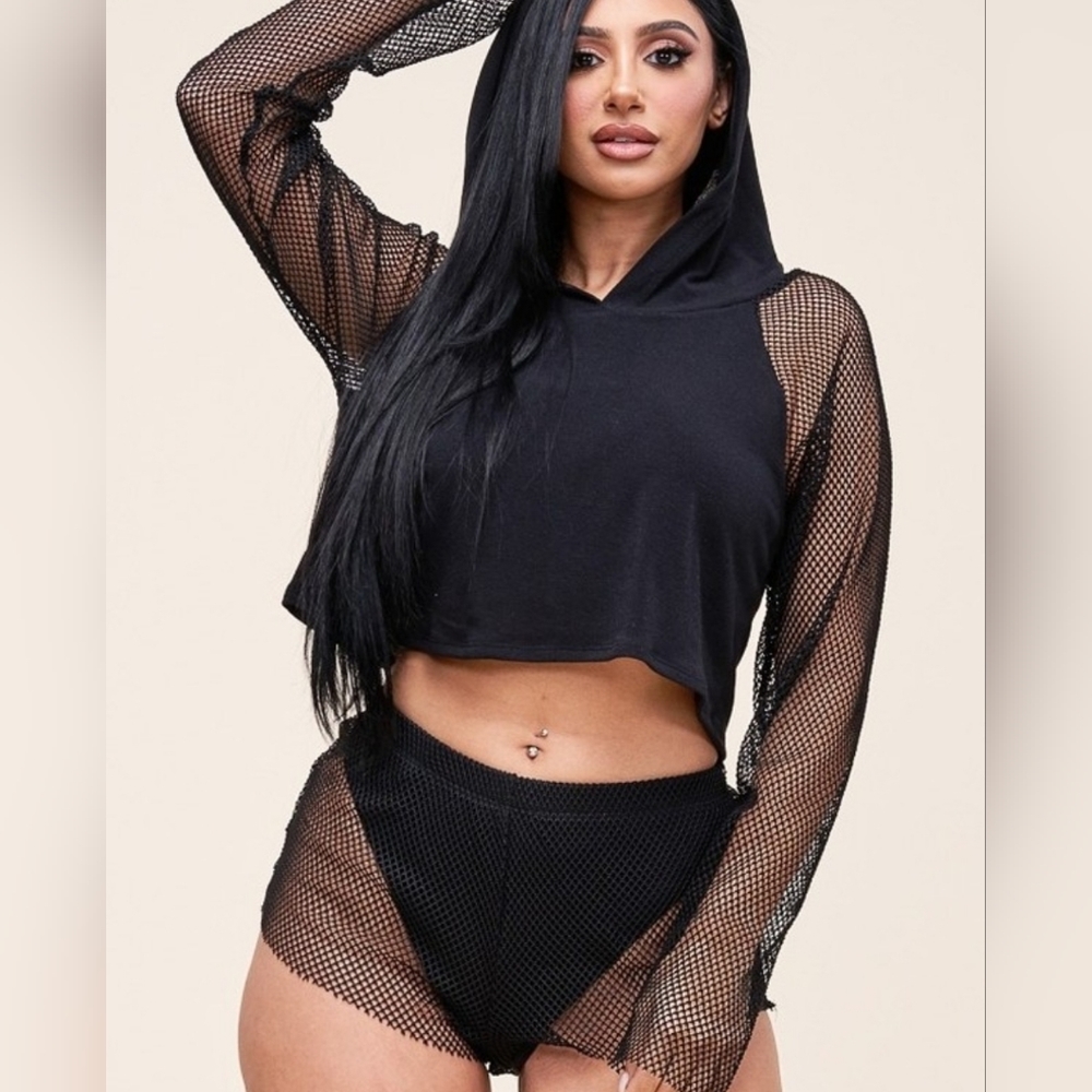 Miss California Shorts Set Black Hooded Long Sleeve Mesh Women's